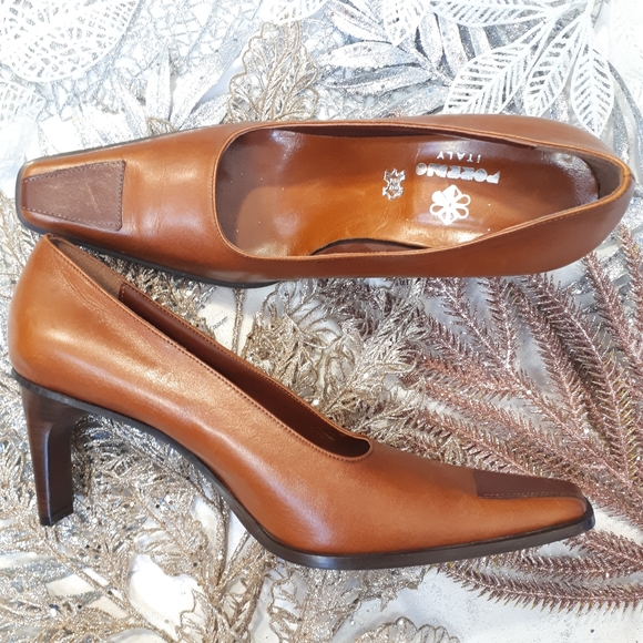 Italian Leather Shoe Block High Heel Cognac 40 - Picture 1 of 5
